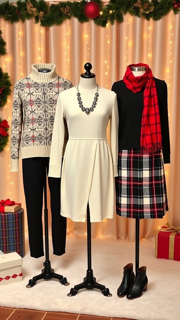 Stylish Christmas outfits including a sweater, dress, and plaid skirt with holiday accessories against a festive backdrop.